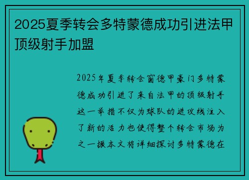 2025夏季转会多特蒙德成功引进法甲顶级射手加盟