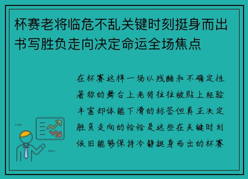 杯赛老将临危不乱关键时刻挺身而出书写胜负走向决定命运全场焦点